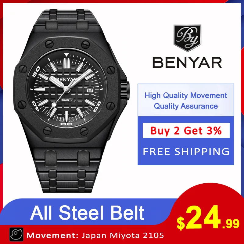 Benyar Quartz Men's Watches Casual Fashion 30m Waterproof Sport Watch Men rostfritt stål Armbandsur Mens Reloj Hombre New2546