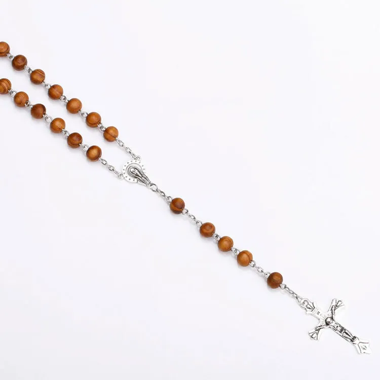 2020 katholische Kreuz Halskette religiöse Holzperlen Rosenkranz Halskette Frauen Mann lange Strang Halsketten Gebet Jesus Schmuck Geschenk1735