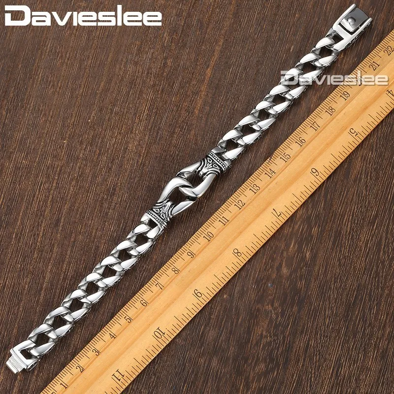 Davieslee Mensブレスレットチェーン316Lメン用ステンレス鋼パンクブレスレット湾曲した銀色の縁石チェーンキューバリンク15mm LHB10 J1203X