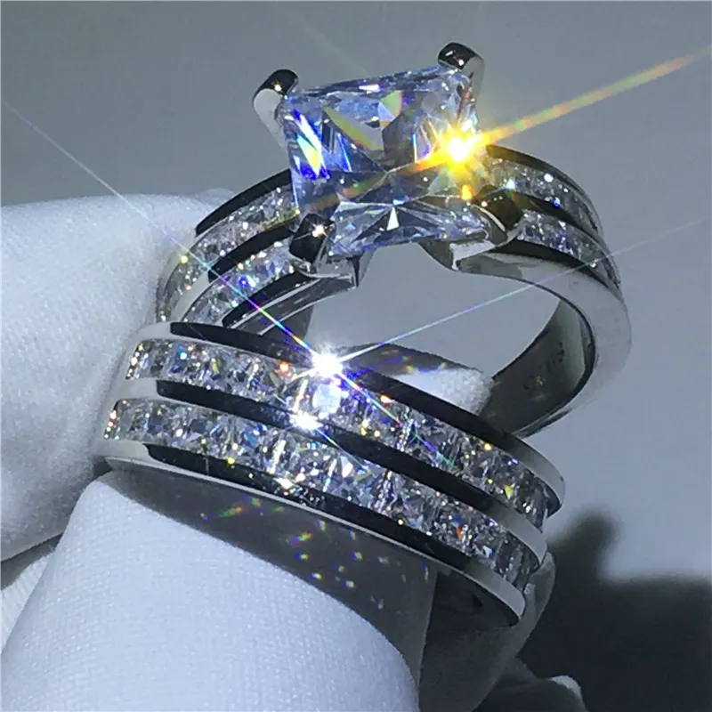 Luksusowy pierścionek ślubny 925 srebrna księżniczka Cut 3ct Diamond CZ zaręczynowy Pierścień Wedding Pierścień dla kobiet biżuteria 250V