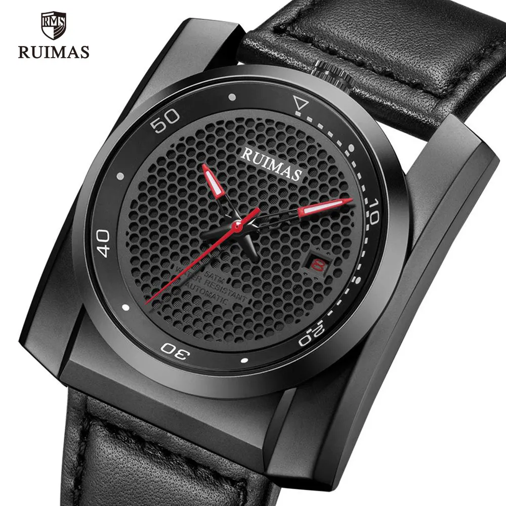 Ruimas Luksusowe automatyczne zegarki Mężczyzn Square Dial Analog mechaniczny zegarek mechaniczny Czarne skórzane zegarek Relogios Masculino Clock 6775 N216R
