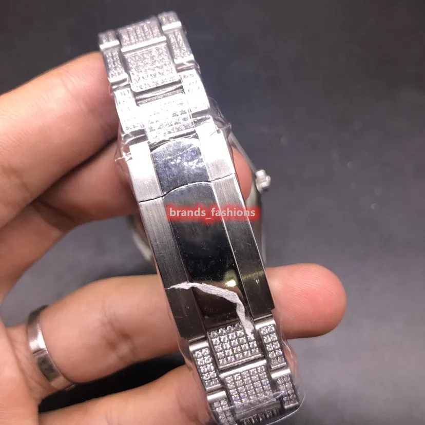 Boutique masculino de alta qualidade diamantes gelados relógio rosto vermelho prata aço inoxidável caso diamante automático mecânico watch2465