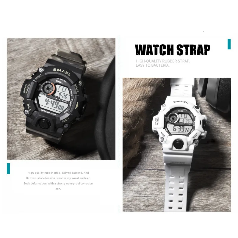 Sport Quartz montres numériques montre masculine SMAEL montre de Sport hommes étanche relogio masculino horloge blanc montres militaires numériques V1266t