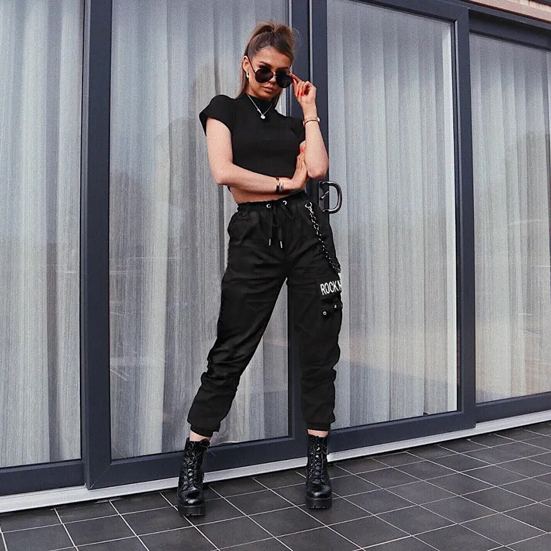 HOUZHOU Modis Cargo Pants Women Hippie Full Length High Waist Pants with Chain Print Casual Joggers Women Trousers Streetwear V200331