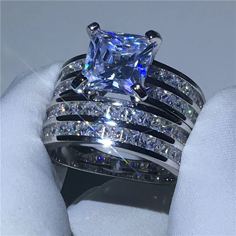 Luksusowy pierścionek ślubny 925 srebrna księżniczka Cut 3ct Diamond CZ zaręczynowy Pierścień Wedding Pierścień dla kobiet biżuteria 250V