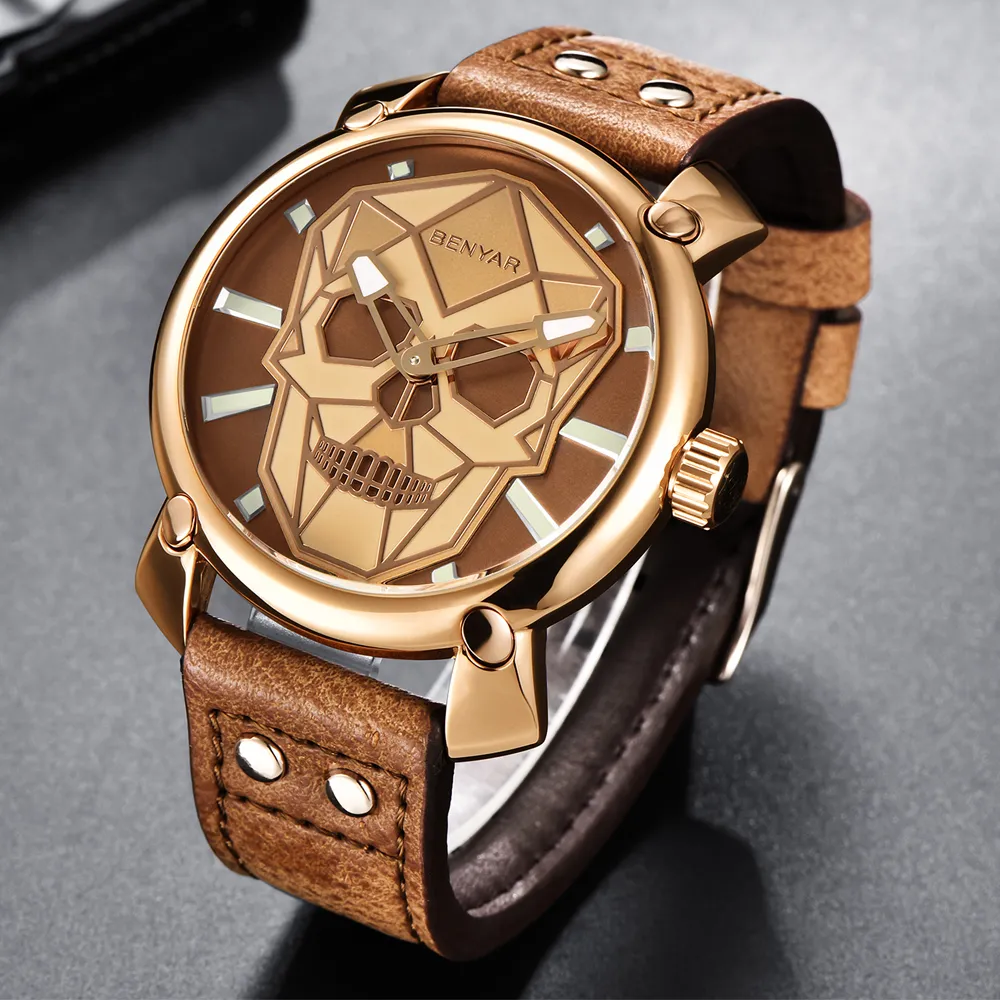 BENYAR nouveau créatif bleu crâne montre hommes montres ensemble de luxe mode en cuir Quartz montre-bracelet horloge hommes Relogio Masculino312d