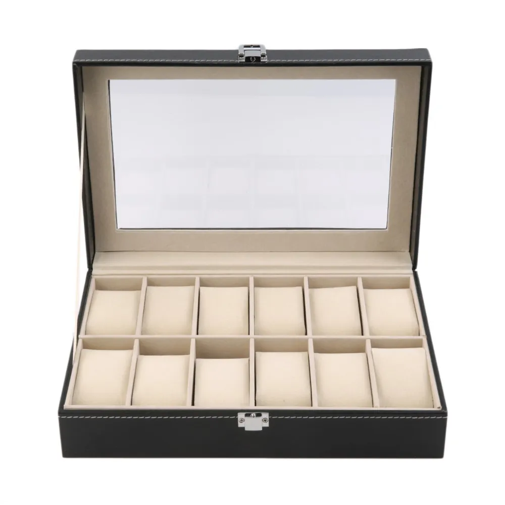 12 Slots Raster PU Lederen Horloge Display Box Sieraden Organizer Case vergrendeld Horloge Display Box met Zwarte kleur283h