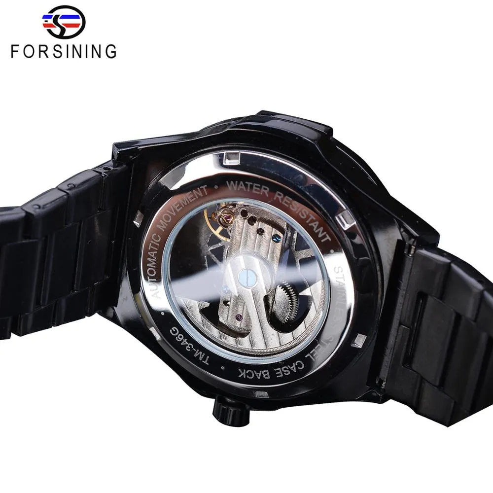 Reloj Forsining transparente automático para hombre Golden Bridge mecánico negro banda de acero inoxidable relojes esqueleto Relogio Masculino296Y