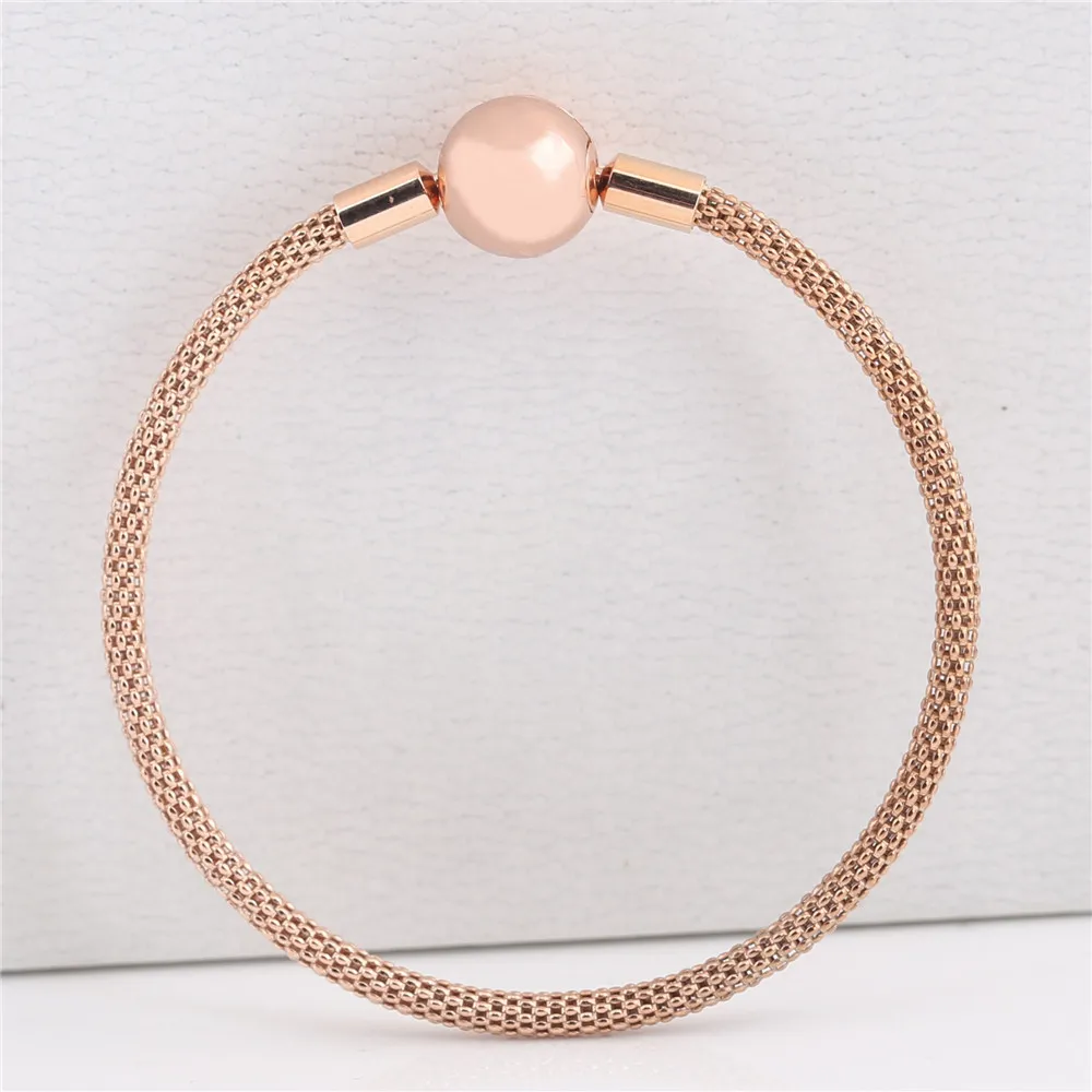 Original 925 prata esterlina pulseira rosa ouro cobra corrente básica bola fecho malha pulseira caber feminino grânulo charme moda jóias cx20268c