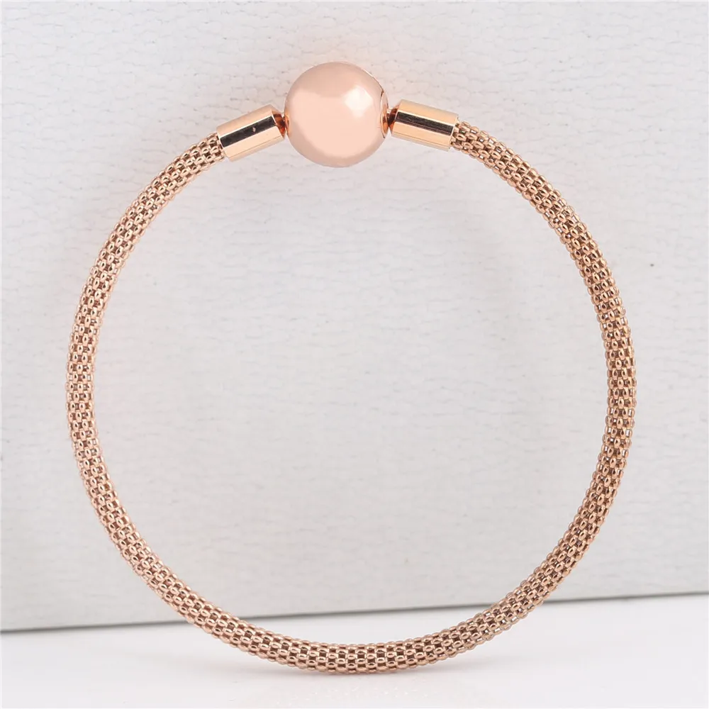 Original 925 Sterling Silver Bangle Rose Gold Snake Chain Basic Ball Clasp Mesh Bracelet Fit Women Bead Charm Fashion Jewelry CX20268c