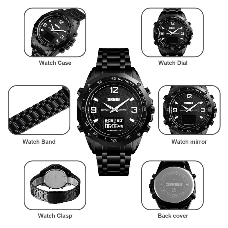 Skmei 3 Time Watch Men Compass Calorie armbandsur Mens Thermometer Stopwatch Male Watches Digital Sport Relogio Masculino 1464301o