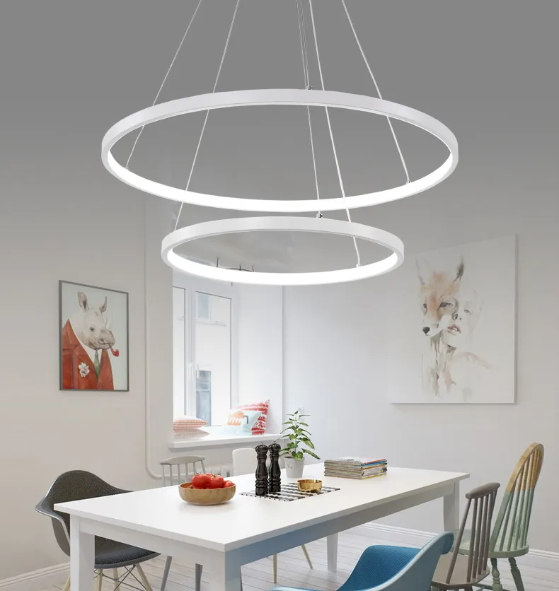 60CM 80CM 100CM Lampes suspendues modernes pour salon salle à manger Cercle Anneaux Corps en aluminium acrylique LED Plafonnier Luminaires285g