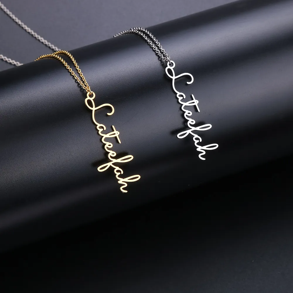 whole Handwriting Jewelry Custom Signature Pendant Collier Femme Vertical Personalized Custom Name Necklace For Women Gift9570532