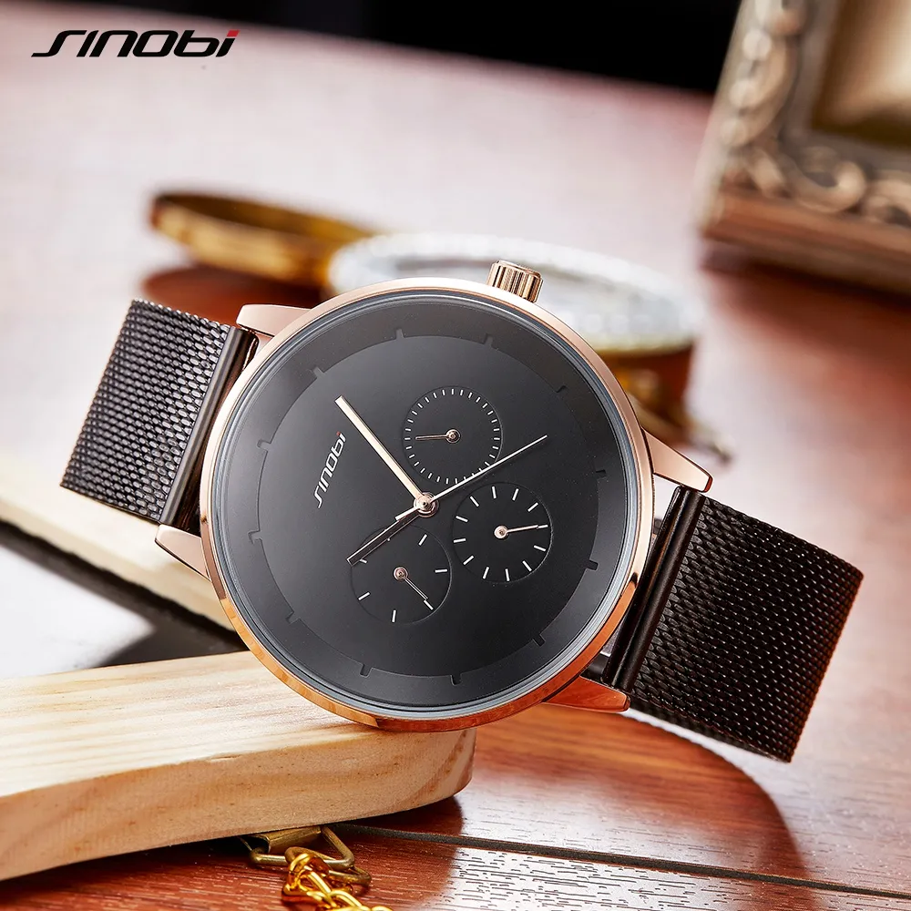 Relojes de cuarzo de moda para hombres SINOBI Top Brand Luxury Business Aleación de alta calidad Correa de malla delgada Reloj de semana informal Calendario Watch245R