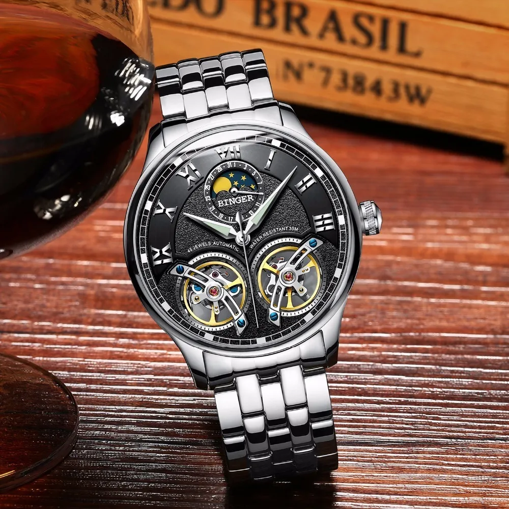 Двойные швейцарские часы Binger Оригинальные мужские автоматические часы с автоподзаводом Модные мужские механические наручные часы из кожи Y1905150245J