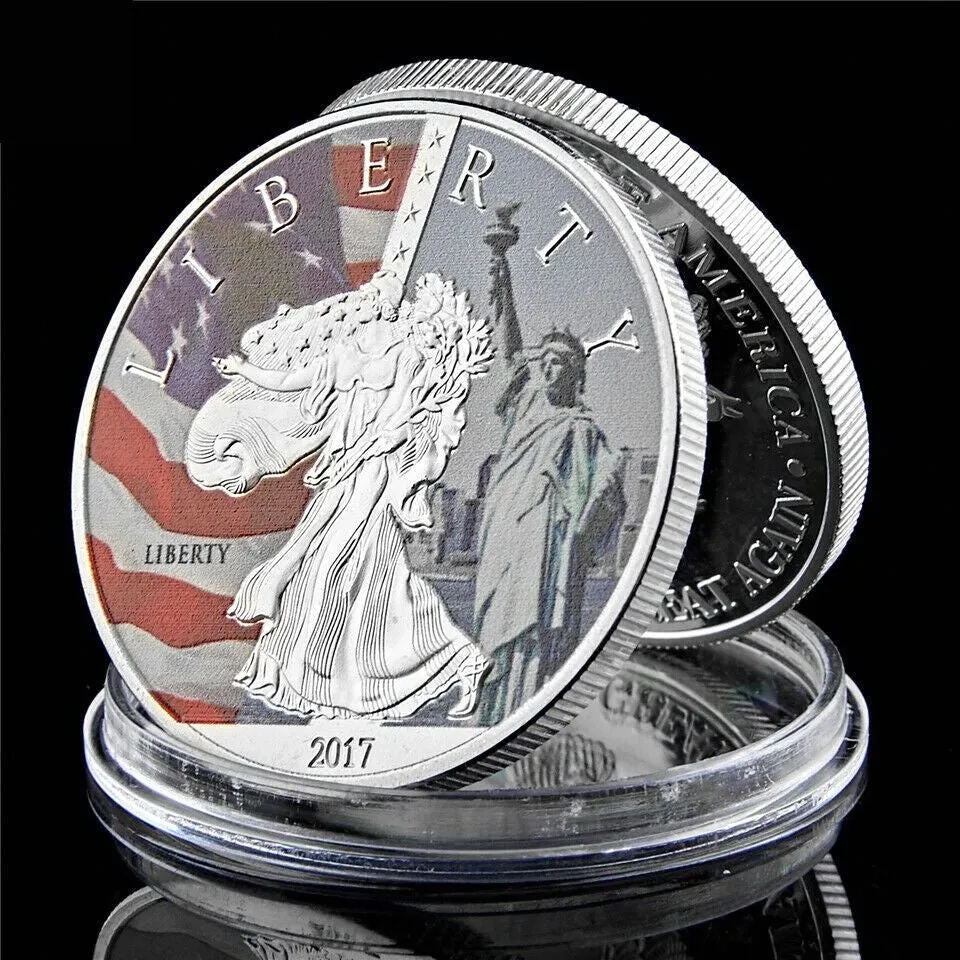 5 sztuk Silver Souvenir Craft Odznaka Wielki Pieczęć Statua Wolerty W Bogu Ufamy 1OZ Plated Collection Coin