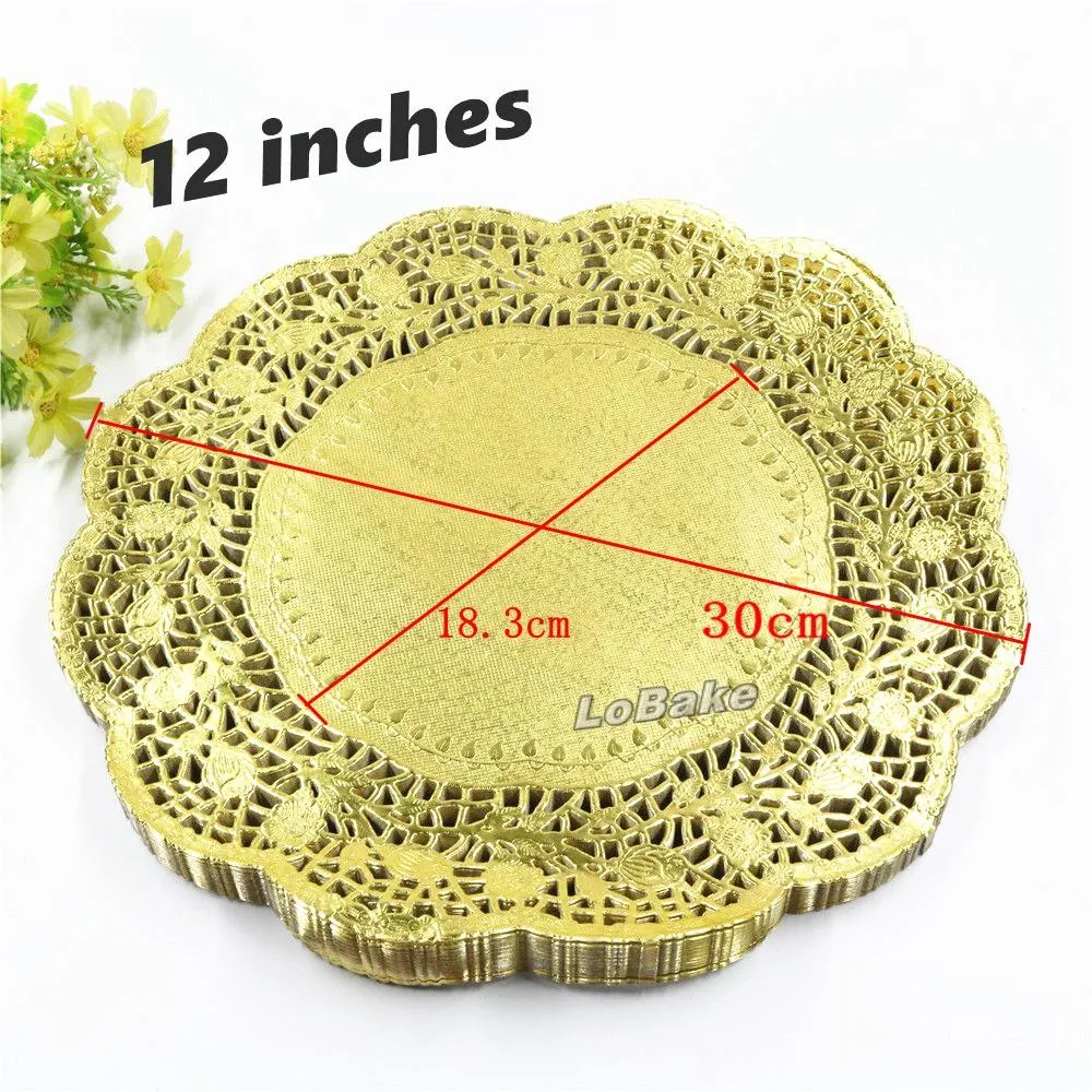 pack New arrivals 12 inches gold colored round paper lace doilies cupcake bread placemats home dinner tableware2378