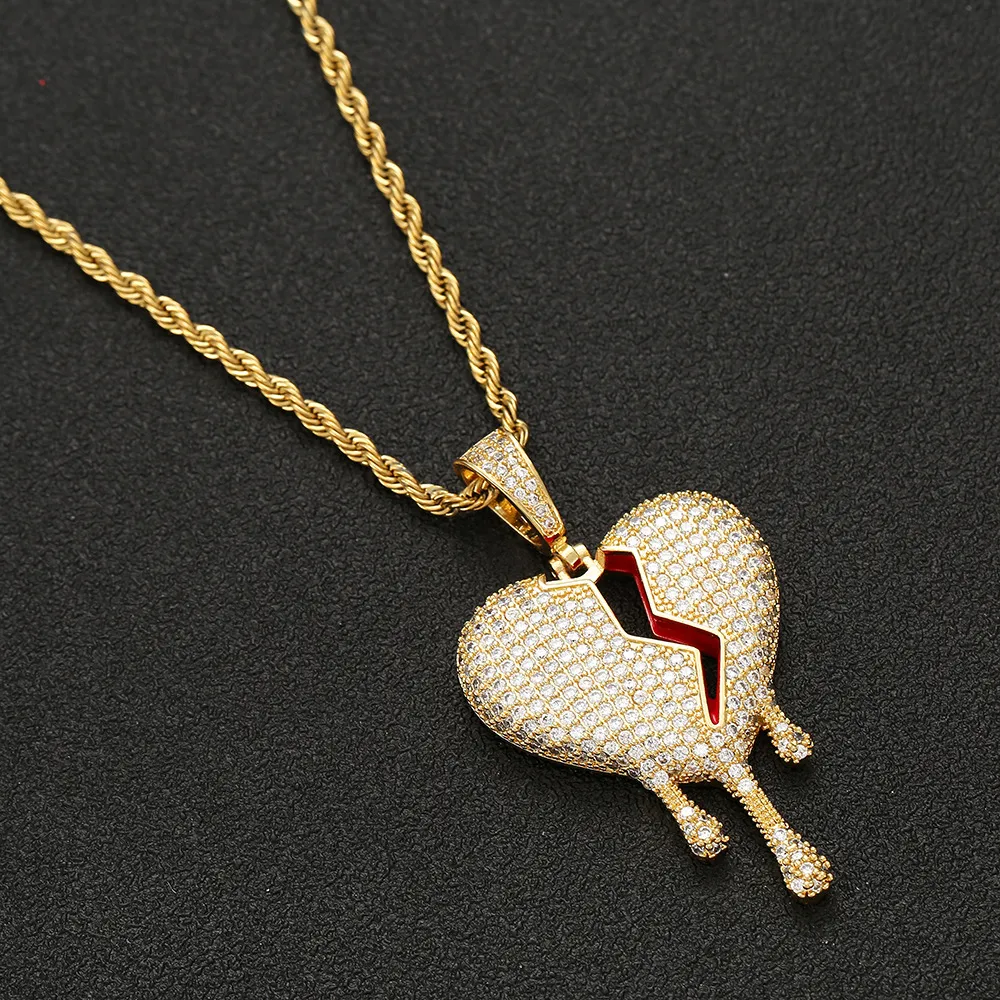 Collier pendentif goutte à goutte d'huile rouge Bro coeurs avec chaîne en corde couleur or argent Zircon cubique hommes femmes Hip hop bijoux 249c