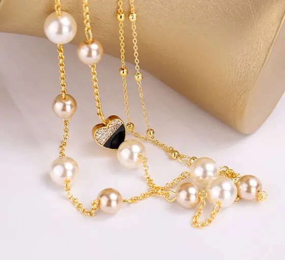 Collier de luxe classique et mignon en forme de cœur en diamant, élégant, avec perles, multicouches, pull long, pour femmes, 3319