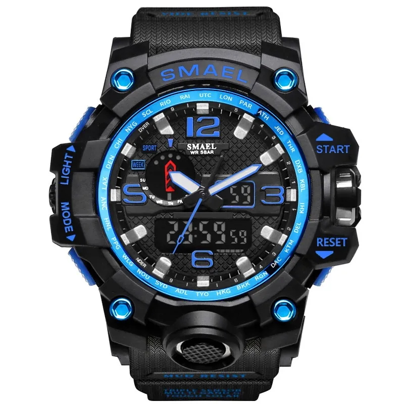 SMAEL 1545 Merk Heren Sporthorloges Dual Display Analoog Digitaal LED Elektronische Quartz Horloges Waterdicht Zwemmen Militair Wa289W