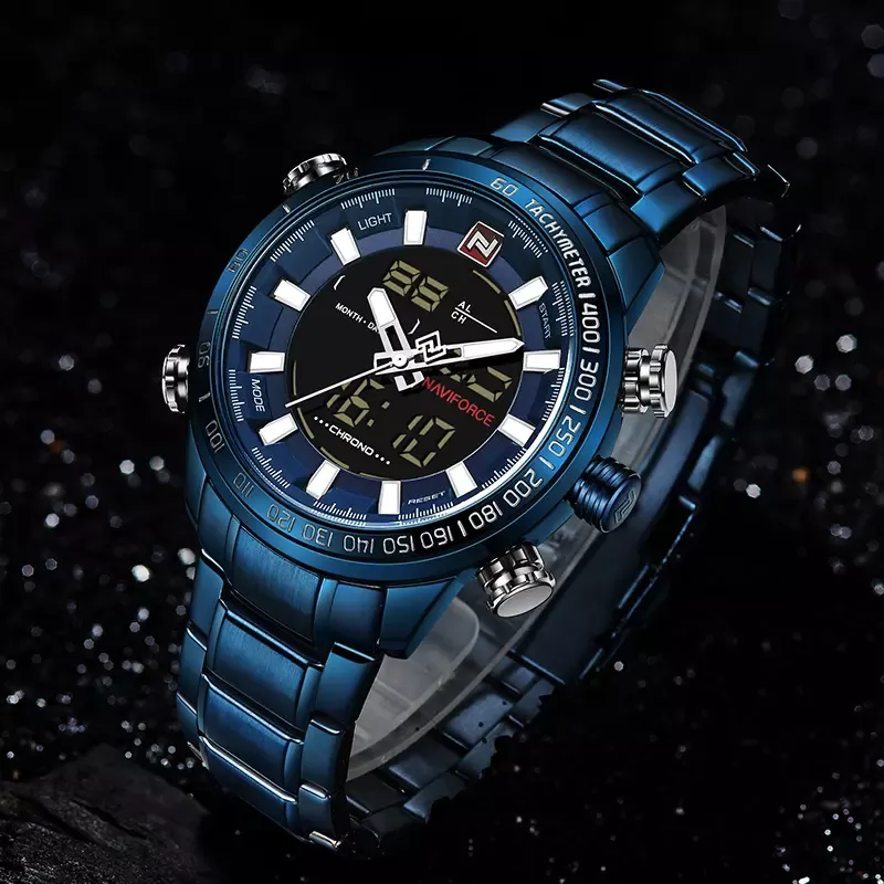 NAVIFORCE 9093 Luxe heren Chrono Sport Horloge Merk Waterdicht EL BackLight Digitale horloges Stopwatch Clock183p