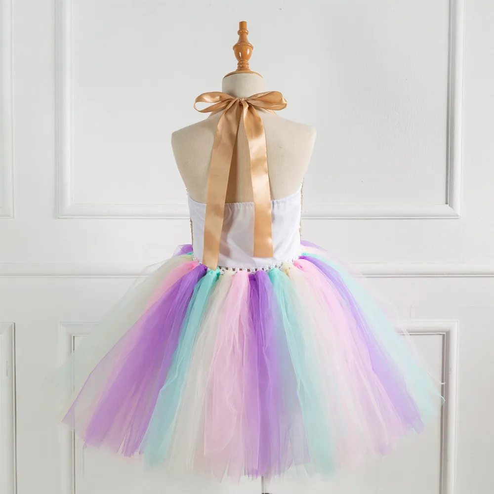 Girls Princess Dress Up Children Cekiny Top Rainbow Tulle Tutu Dress Kids Party Cosplay Costumes