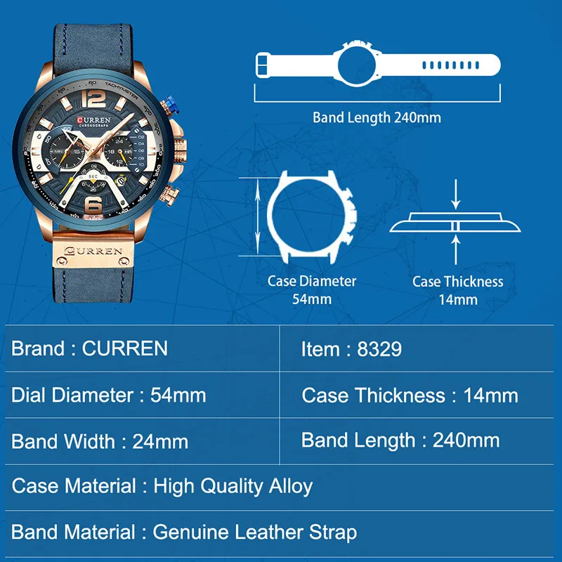 Curren Mens Watches Top Brand Luxury Chronograph Men Watch Leather Luxury Waterproof Sport Watch Men Man Clock Man Wristwatch T19246o