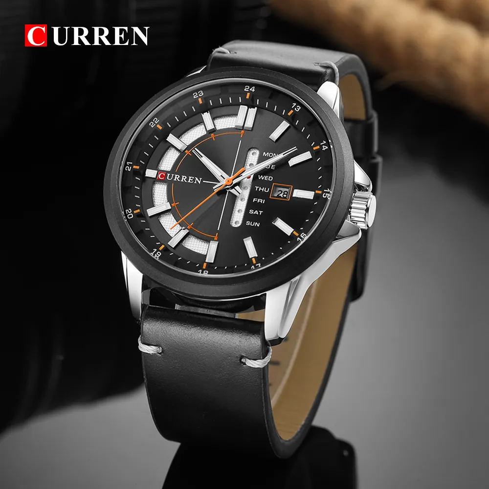 Curren Casual Leather Business Business Wrists Classic Black Quartz Men's Watch Afficher Date et semaine Male étanche CLOC156Q