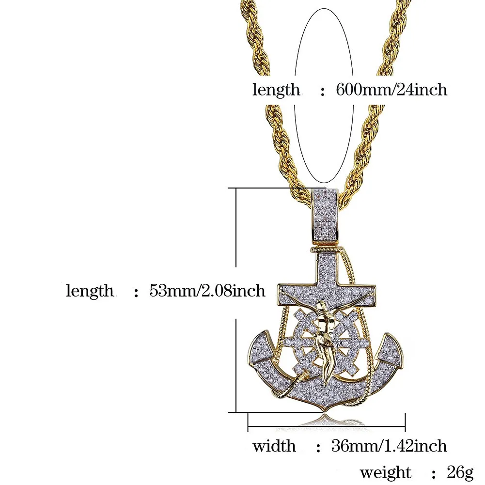 Iced Out Pendant Hip Hop Bling Chains Jewelry Men Men de luxe Collier de concepteur de luxe pour hommes Pendants Penseurs Anchor Rudder Cross Rapper 342D