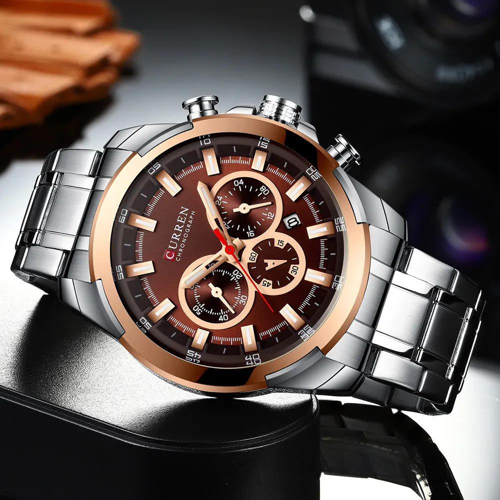 Curren Top Brand Luxury Men tittar på modeklocka Casual Quartz armbandsur med rostfritt stål Kronografklocka Reloj Hombres ly254U