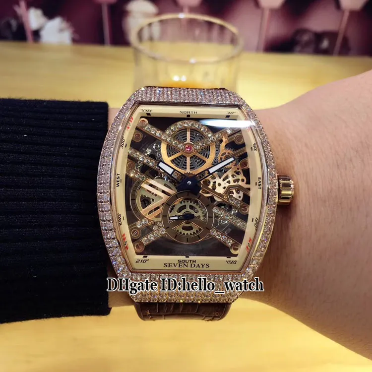 5 цветов Saratoge Vanguard V 45 T SQT черный полый скелетонизированный циферблат автоматические мужские часы розовое золото с бриллиантами кожаный резиновый ремешок W317P