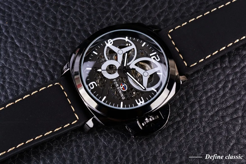 ForSining Full Black Watch Skeleton Case Windmill Designer Suede Strap Military Watch Men Watch Top Brand Luxury Automatic Wrist W279V