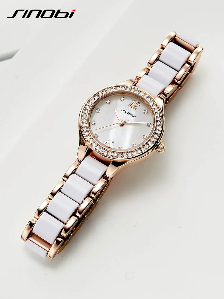 Sinobi moda feminina pulseira relógios para senhoras elegantes relógios de pulso ouro rosa diamante relógio feminino relojes mujer209g