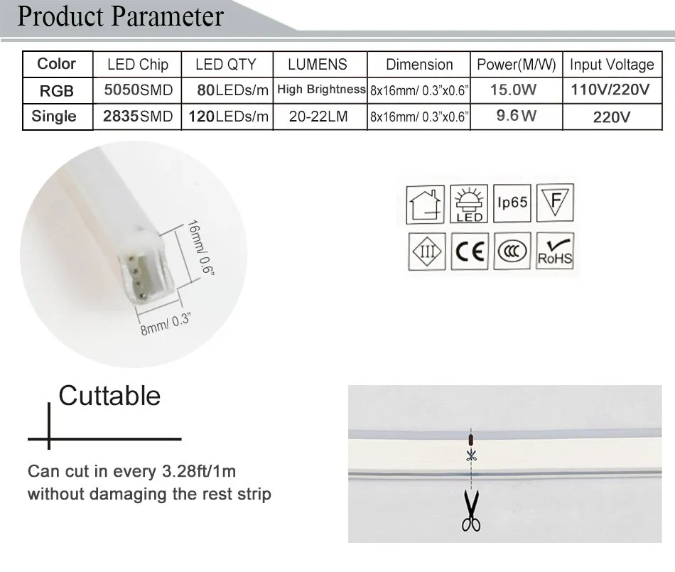 RGB AC 110VネオンロープLEDストリップ50メートル屋外防水5050 SMDライト60LEDS Mで1メートル311zの電源カットテーブル