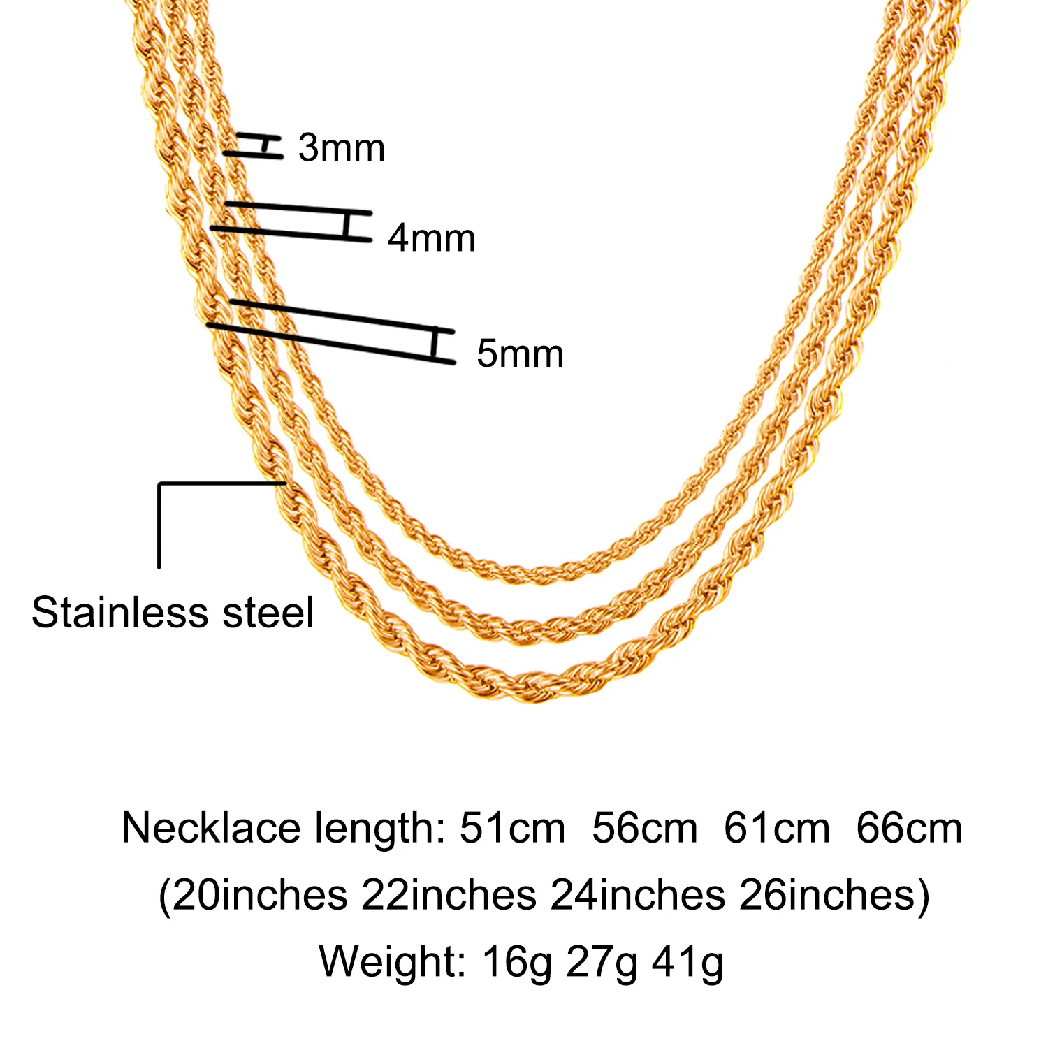 Collar de cadena de cuerda de 3mm, 4mm, 5mm y 6mm de ancho, collares de acero inoxidable 316L de oro ed, cadena de cuerda para mujeres y hombres, joyería Dropshippin252I