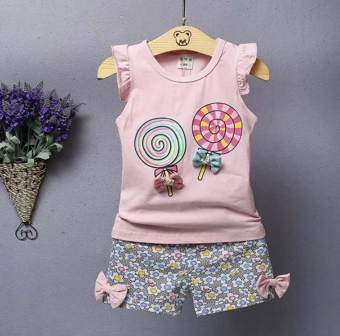 2019 New Summer Style Children Lollipop Pattern Vest Shorts Two-piece Suit Fashion Girl Thin Section Cotton Wear