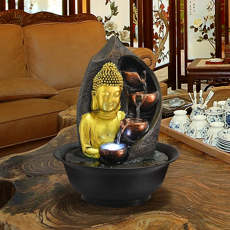 Statua di Buddha Fontane decorative Fontane d'acqua interni Artigianato in resina Regali Feng Shui Desktop Fontana domestica 110 V 220 V E271U