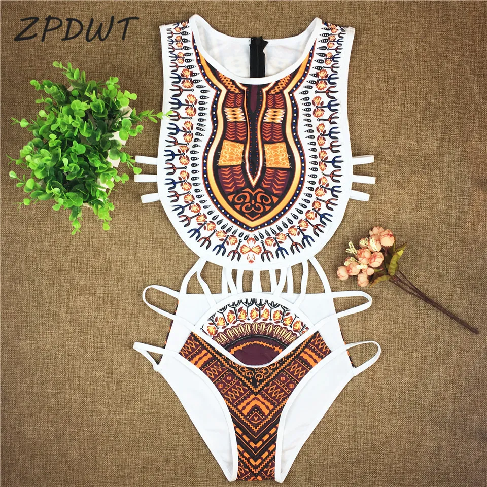 Tribal Swimwear Women African Print Swim Bathing Suit Cut Out Monokini Bandage One Piece Swimsuit Female Beachwear Trikini7837848