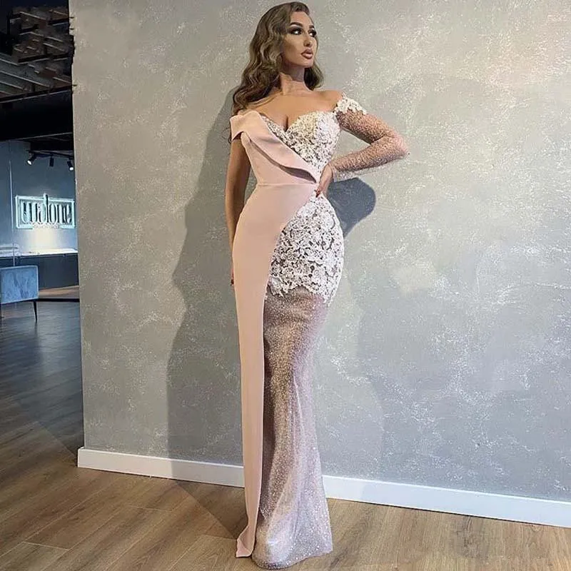 Dubai Arabic Long Sleeves Mermaid Evening Dresses Off The Shoulder Illusion Lace Appliques Prom Dress Ruched Formal Party Gowns Vestidos