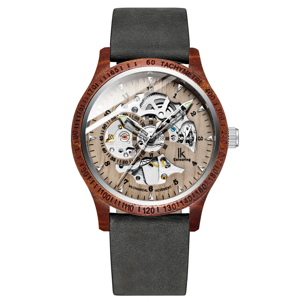 IK Colouring Men Watch Fashion Casual Wooden Case Crazy Horse Leather Strap Wood Watch Skeleton Auto Mechanical Male Relogio Y2004199n