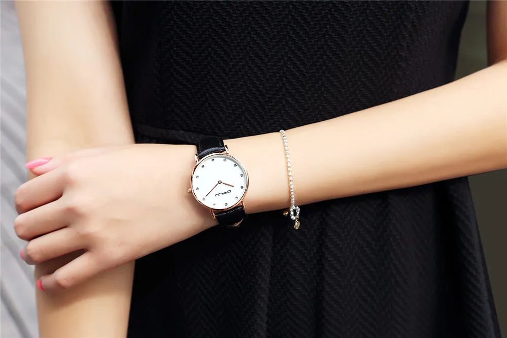 CRRJU femmes luxe strass montres à Quartz dame Ultra-mince mode robe classique bracelet en cuir montre-bracelet Relogio Feminino285O