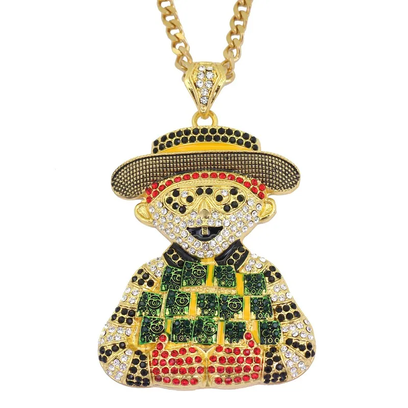 Collier avec pendentif Clown de dessin animé glacé pour hommes, bijoux Hip Hop, chaîne cubaine en or de 76cm, à la mode, 252R