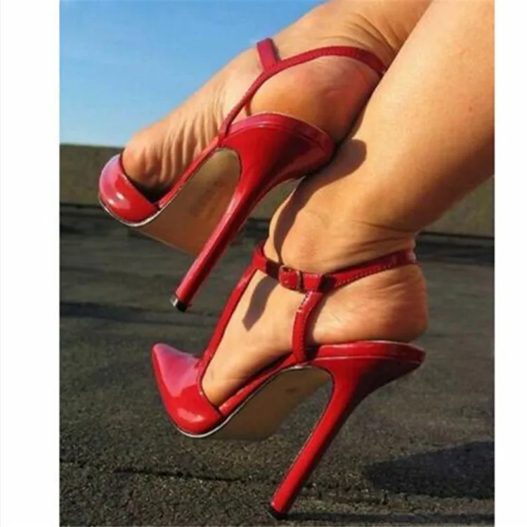 Rontic New Women Shiny T-strap Sandals Sexy Thin High Heels Sandals Pointed Toe Gorgeous Red Black Shoes Women US Plus Size 5-15