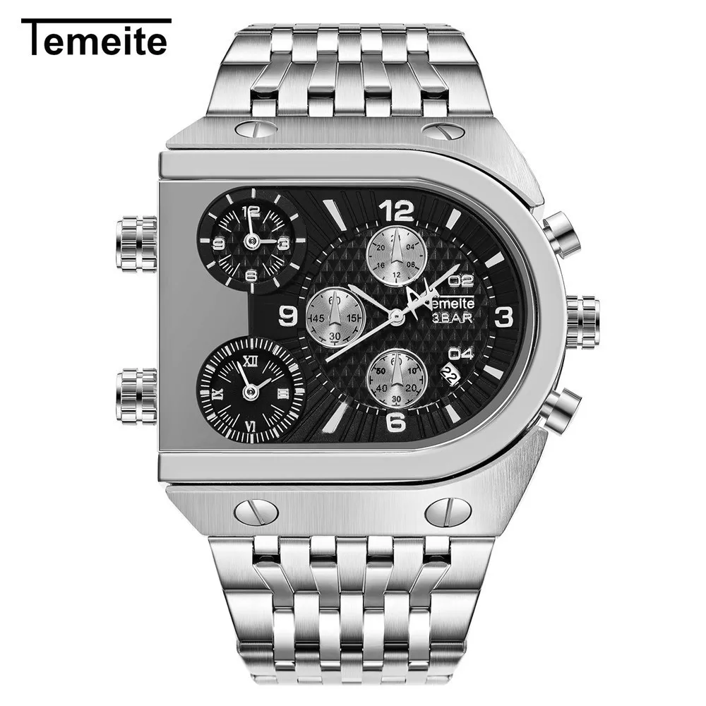 Temeite Top Brand Men's Big Dial 3 Time Zone Business Square Quartz Watches Män Militär vattentät armbandsur Relogio MASCUL243A