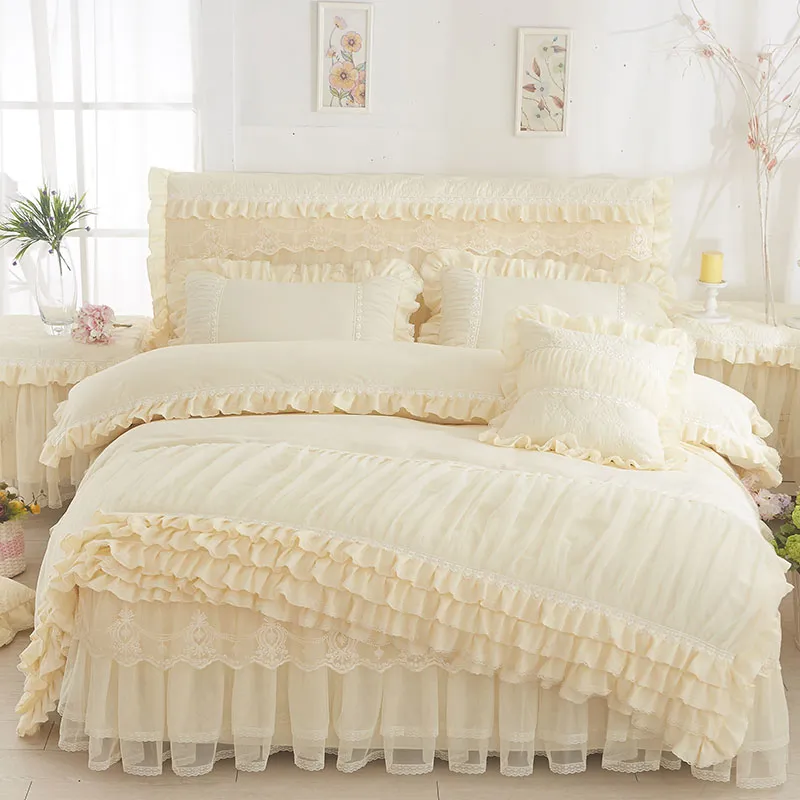 Rosa beige lila spetsprinsessor sängkläder set kung queen size 4sts ruffles bäddar utslags säng kjol bröllop täcke täcke sängen linne p211d