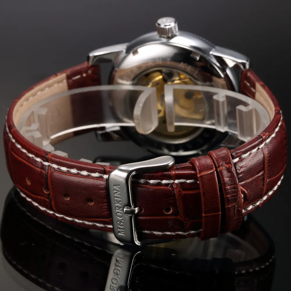 Men Wrist Watches Luxury Golden Skeleton Mechanical Steampunk Male Clock Automatic Wristwatch Leather Strap Herren Horloges J19070294N
