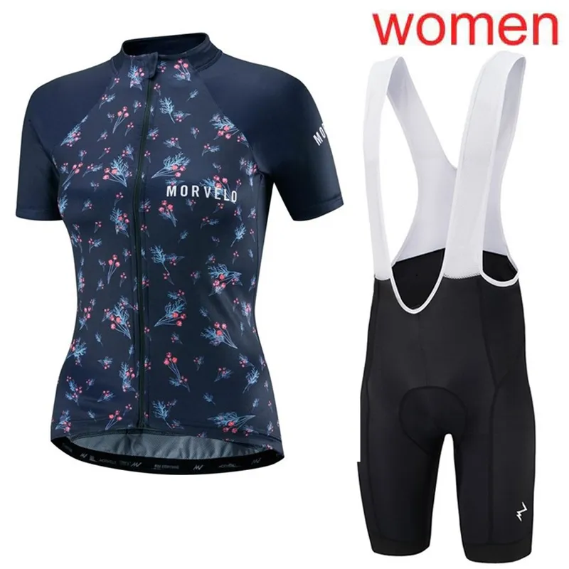 Morvelo Kadınlar Bisiklet Jersey Takım Yaz Kısa Kollu Bisiklet Gömlek Önlüğü Şort Set Yarış Giyim MTB Bisiklet Giymek Ropa Ciclismo Y21031824