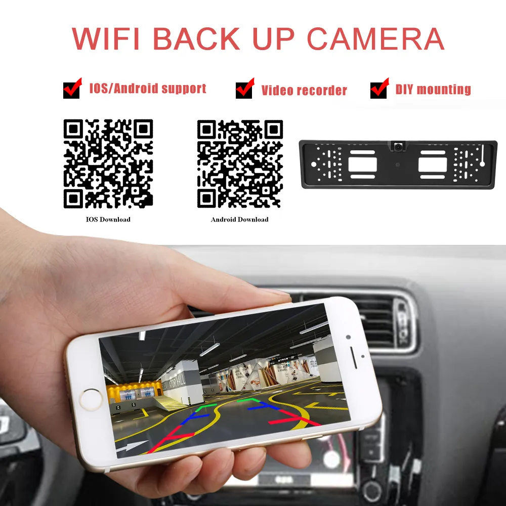 CARSANBO 720P HD EU CAR NUMMER PLATE LIDAREPLATE FRAME CAMALE MED WIFI FUNKTION FREKVIEW OCH Baksikt Montering Tillgänglig235D