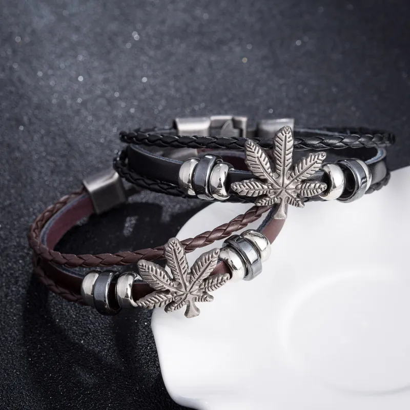 Bracelets en cuir faits à la main feuille breloques bracelet tresse perle Bracelet mode homme bijoux nouveau Design hommes Vintage Punk bracelet noir marron