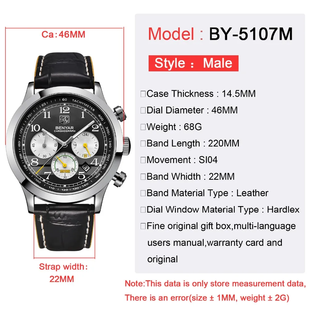 Benyar Brand Sport Waterproof Chronograph Men Watch Top Brand Luxury Male Leather Quartz Military Wrist Watch Men ClockSaat227D